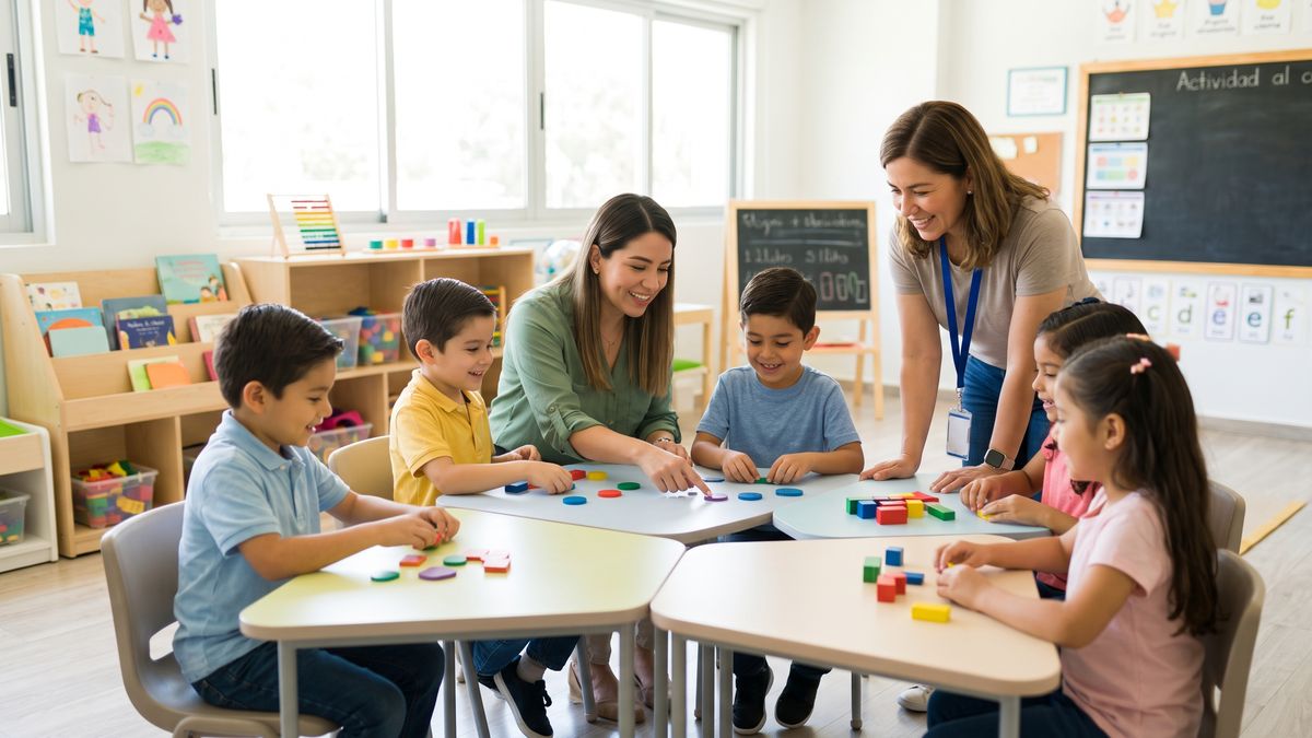 Terapeuta y maestra trabajando con un grupo de niños en un salón de clases