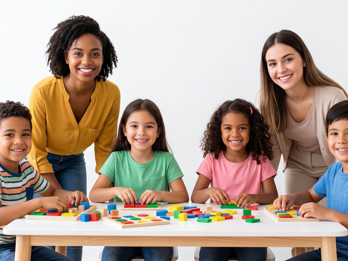 Dos terapeutas de Neurolearning acompañando a cuatro niños en una mesa de juegos didácticos