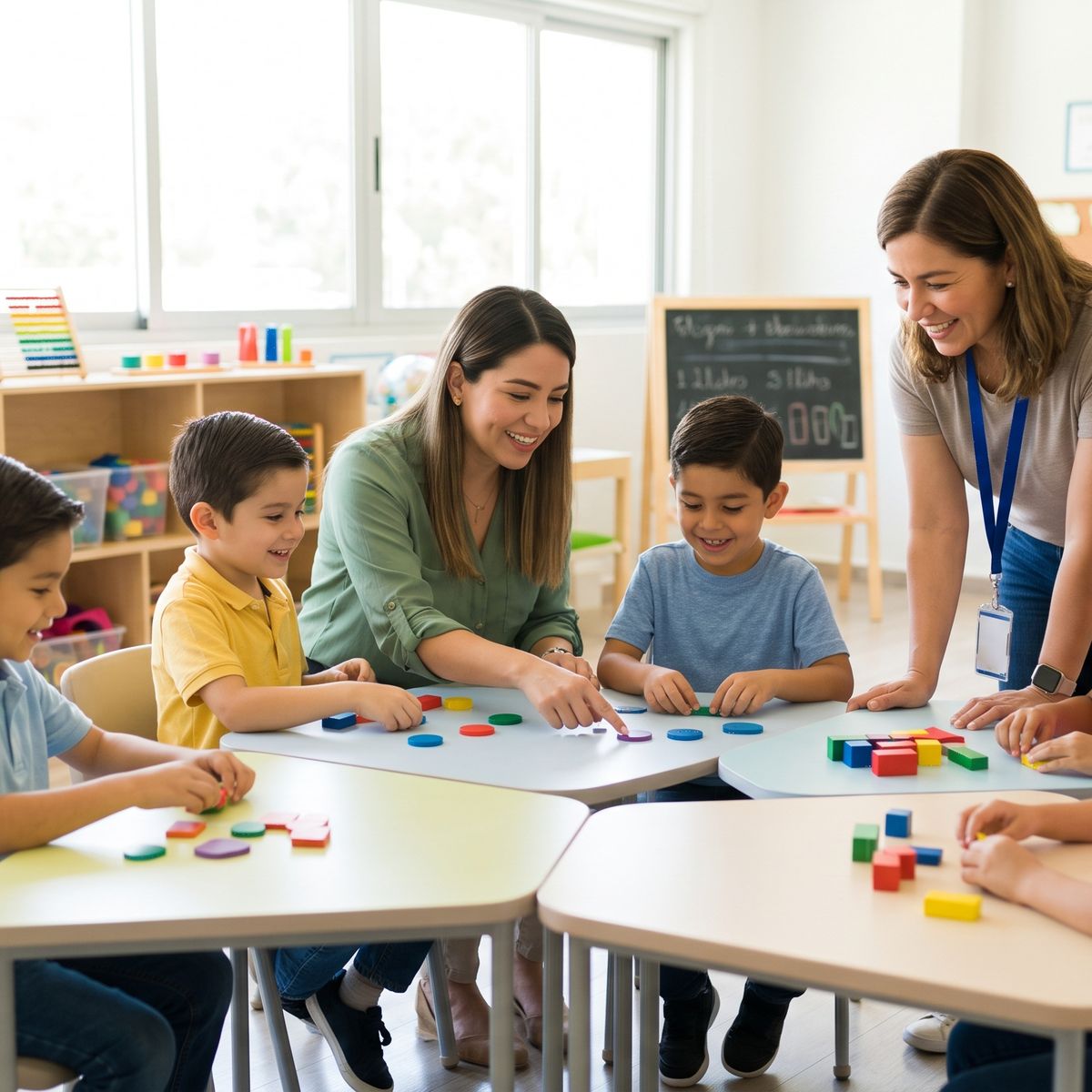 Terapeuta y docente trabajando con un grupo de niños en un salón de clases
