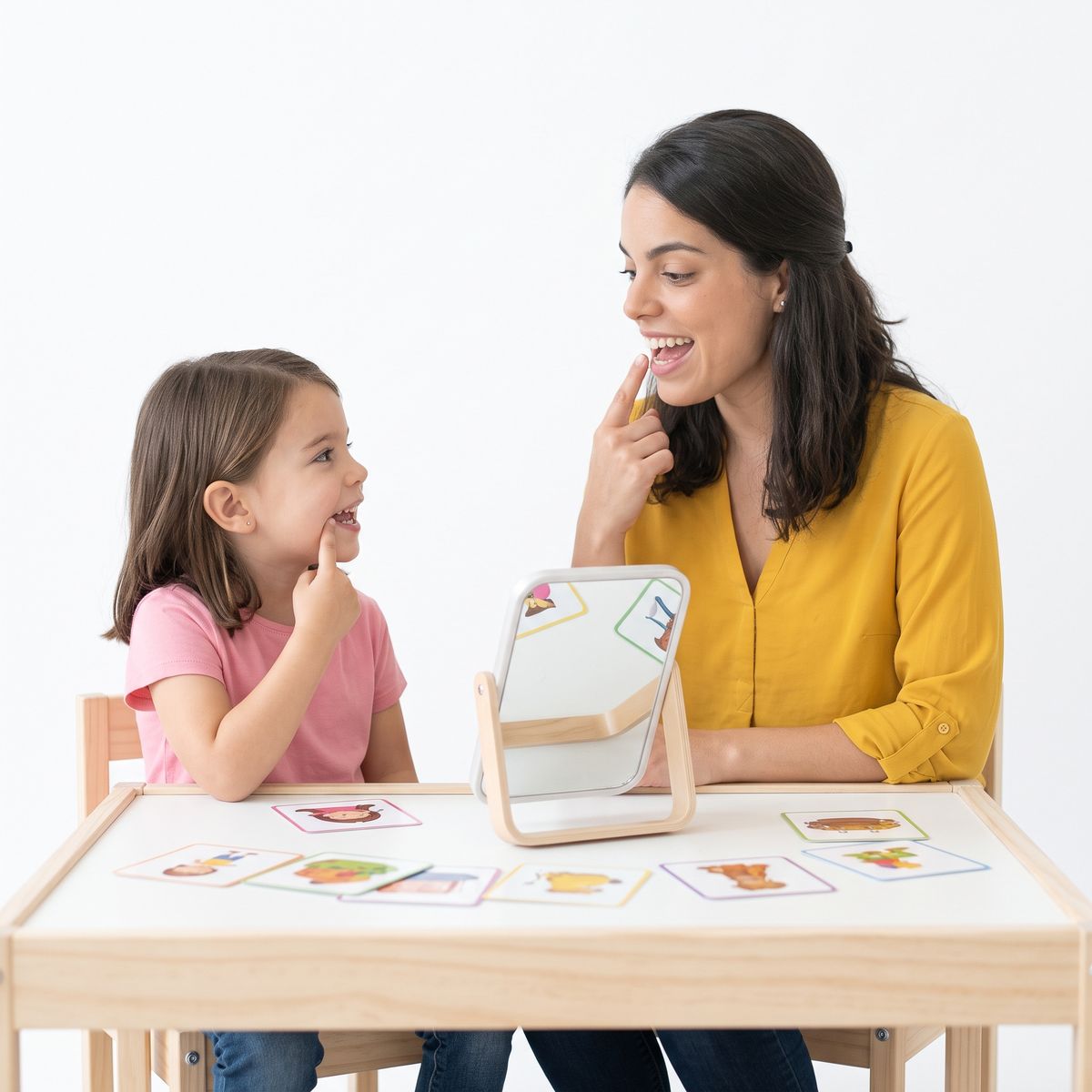 Fonoaudióloga y una niña frente a un espejo trabajando la articulación