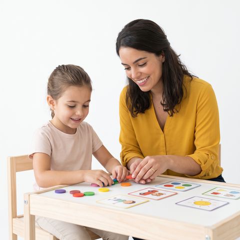Neuropsicóloga acompañando a una niña en un ejercicio de atención