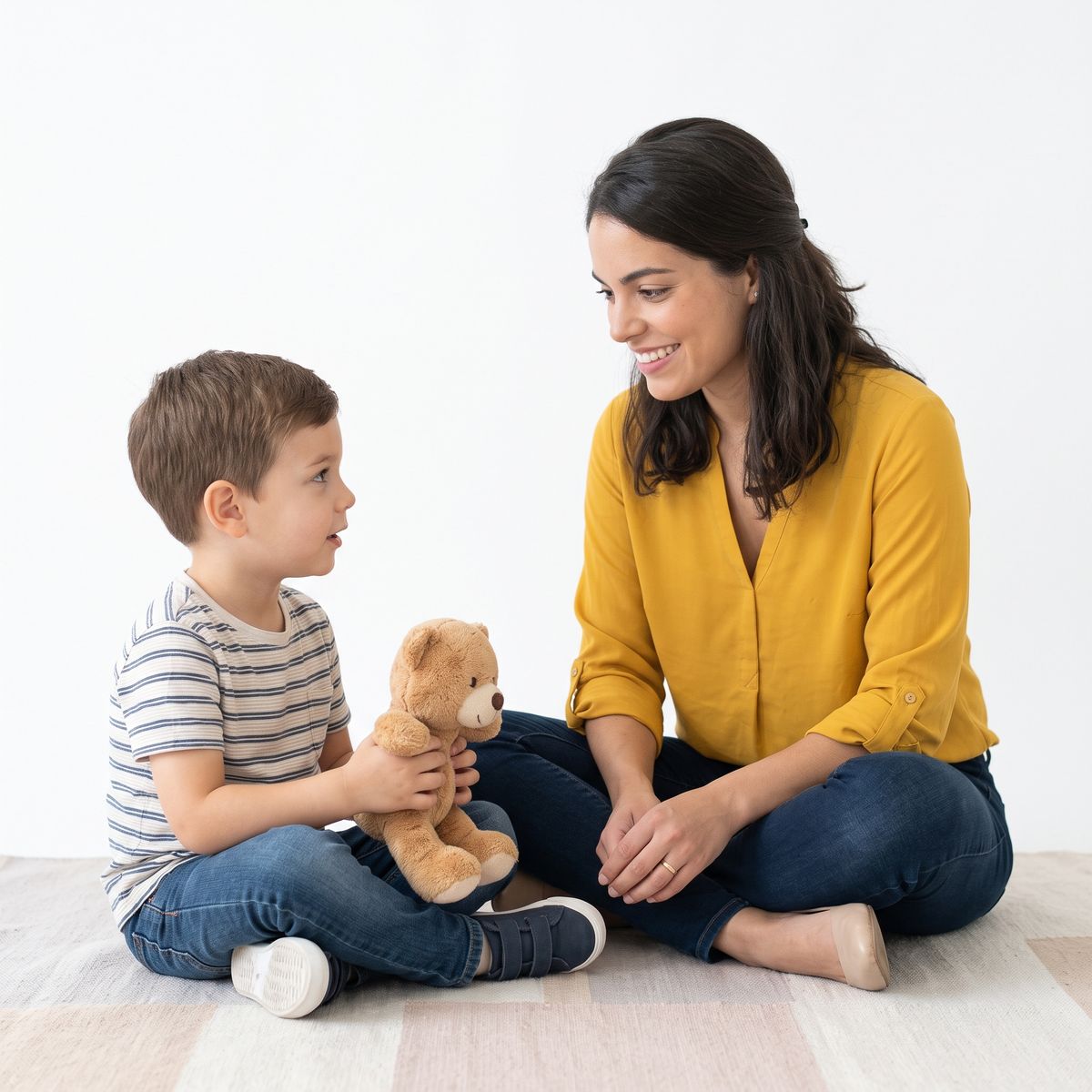 Psicóloga infantil conversando con un niño que sostiene un peluche