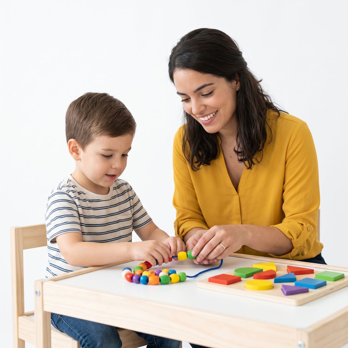 Terapeuta ocupacional trabajando motricidad fina con un niño